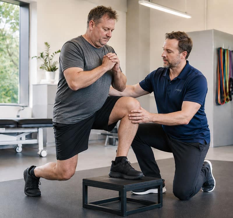 Fysiotherapeut helpt een man bij een lunge-oefening op een lage step voor kracht en stabiliteit.