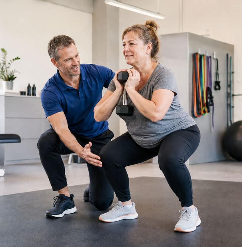 Fysiotherapeut Fysiopark Uden begeleidt een vrouw tijdens een squat met dumbbell in de oefenruimte van Fysiopark.